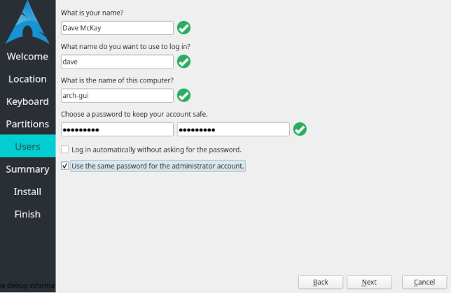 A tela de detalhes do usuário do instalador do Arch Linux Calamares