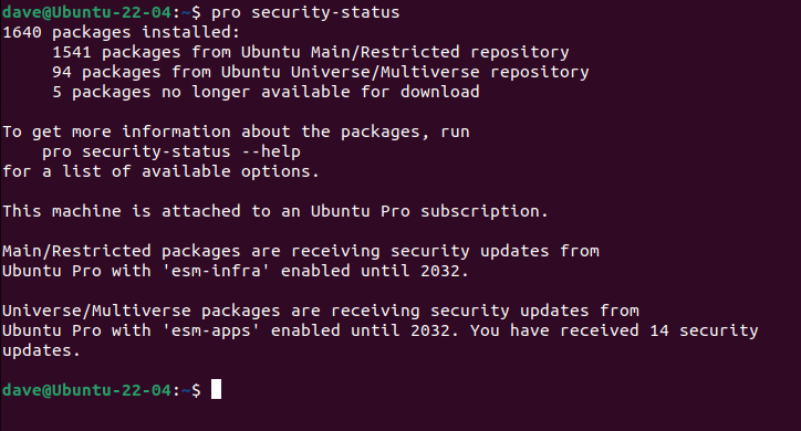 Verificando o status do patch de segurança em um computador Ubuntu Pro