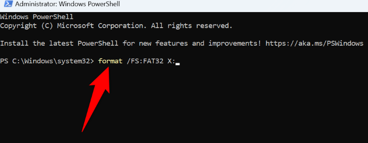 Utilize o PowerShell para formatar uma unidade em FAT32.