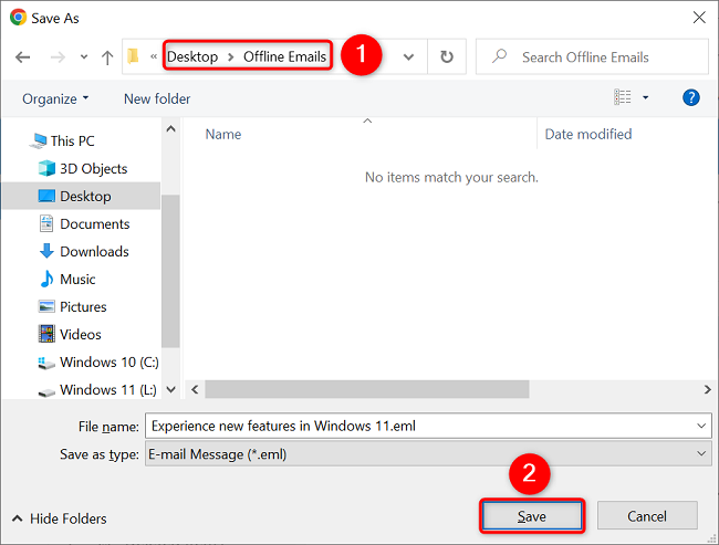 Salve um e-mail do Outlook na Web no computador.