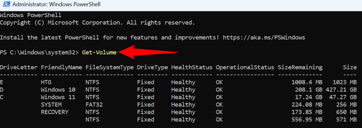 Listar partições no PowerShell.