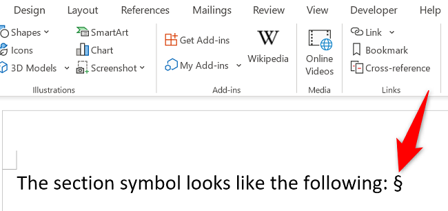 Símbolo de seção inserido no documento Word.