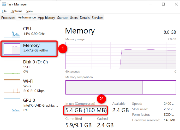 Veja a memória compactada no Windows 11.