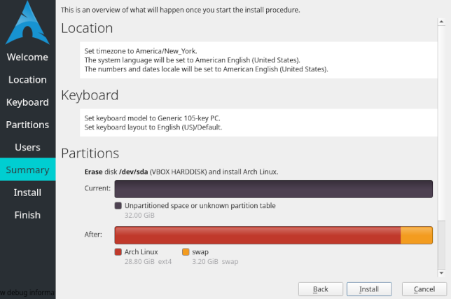 A tela de resumo do instalador do Arch Linux Calamares