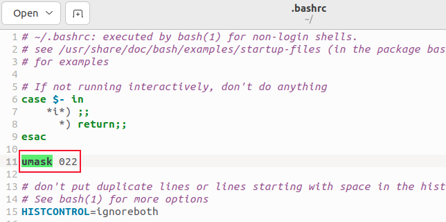 Adicionando o valor umask ao arquivo .bashrc