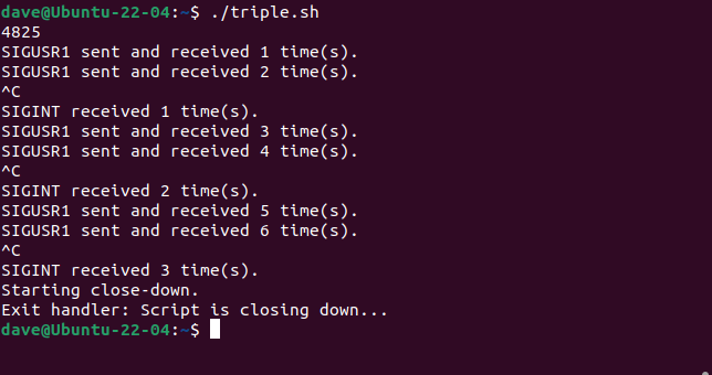 Um script usando SIGUSR1, exigindo três combinações Ctrl+C para fechar e capturando o sinal EXIT no desligamento