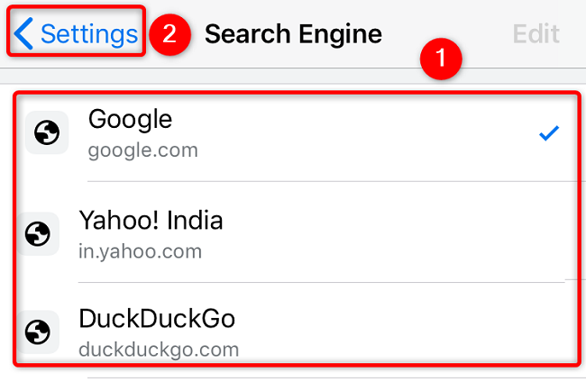 Selecione um mecanismo de pesquisa que não seja do Bing e toque no ícone de seta para trás.