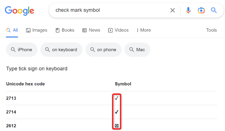 Copie uma marca de seleção do Google.