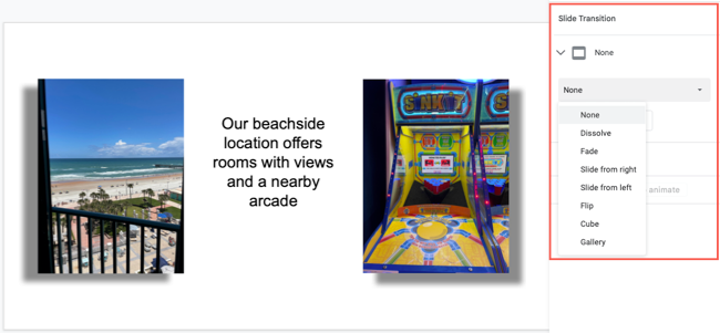 Opções de transição de slides no Apresentações Google