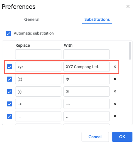 Substituição adicionada em Preferências