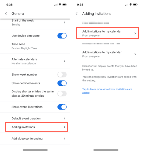 Adicionando configurações de convite no aplicativo móvel Google Agenda