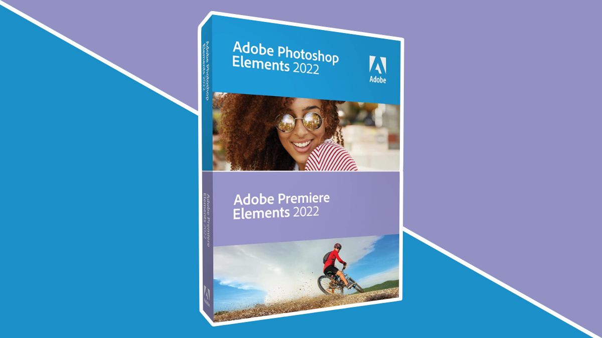 Caixa de produto Adobe Photoshop Elements e Premiere Elements 2022 em fundo azul e roxo