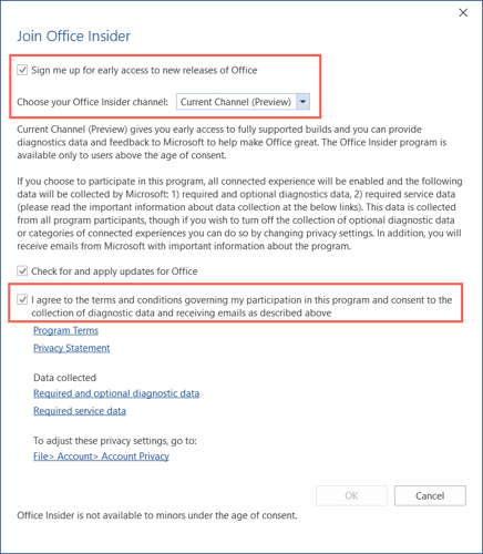 Contrato do programa Office Insider no Windows