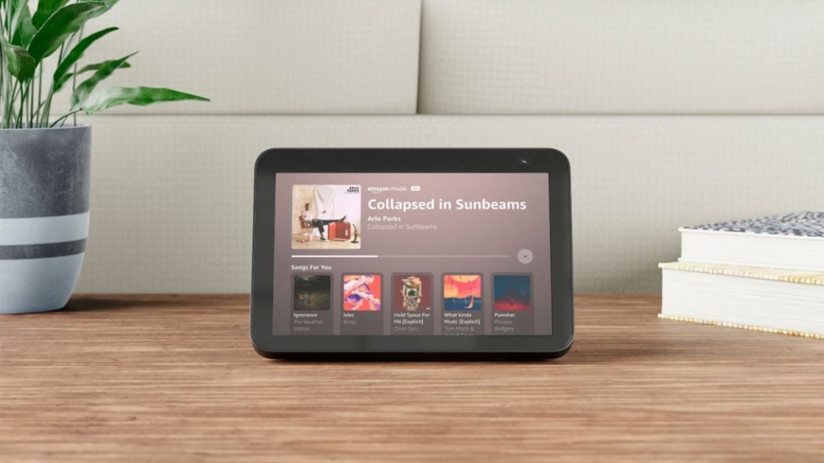 Tela do Amazon Echo Show 8 mostrando artista musical transmitido