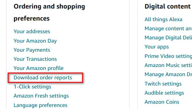 Uma captura de tela do menu Preferências de pedidos e compras na Amazon.