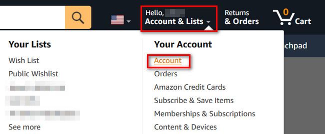 Uma captura de tela mostrando como você chega à página da conta Amazon.
