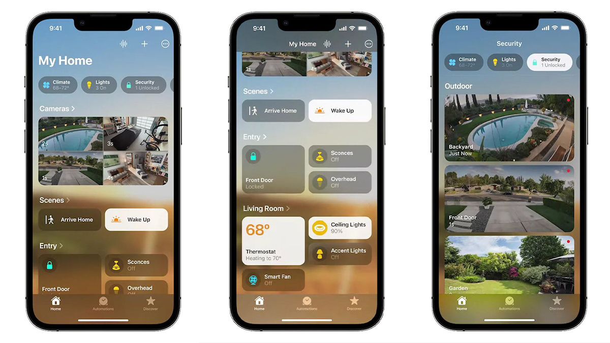 Várias capturas de tela dos novos elementos de design do app Home atualizado.