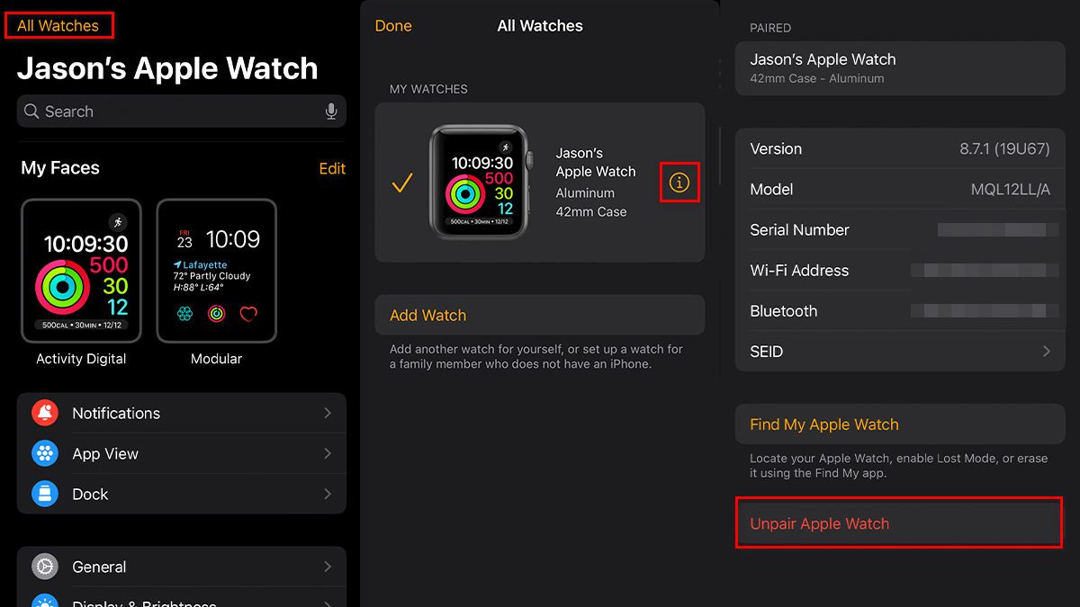 Capturas de tela mostrando as etapas do app Watch para desemparelhar um Apple Watch.