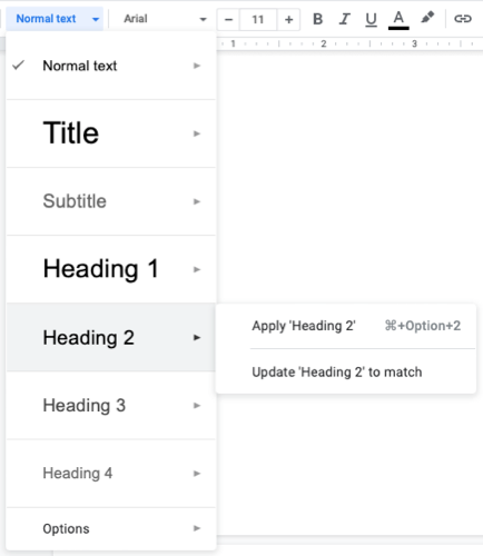 Estilos de título no Google Docs