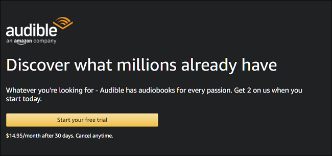 Site da Audible que oferece um teste gratuito.