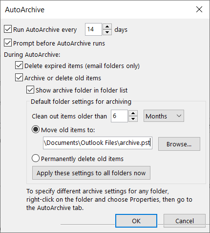 Configurações de arquivamento automático no Outlook