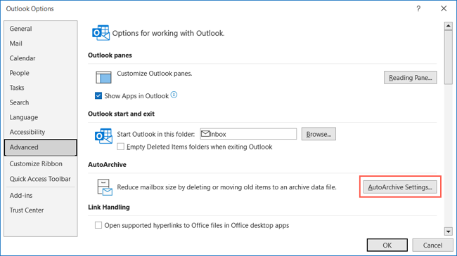 Botão Configurações de AutoArquivar nas Opções do Outlook