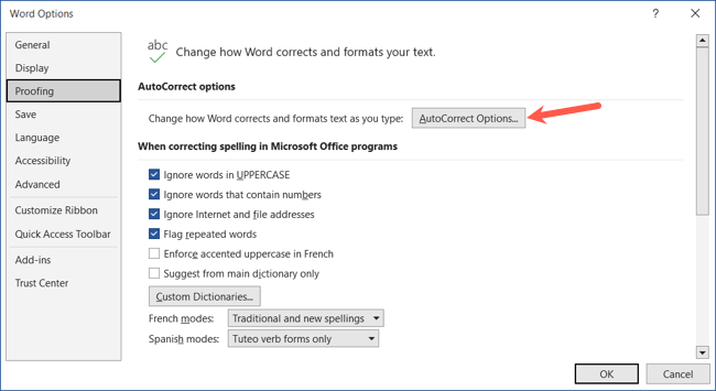 Opções de autocorreção nas opções do Word