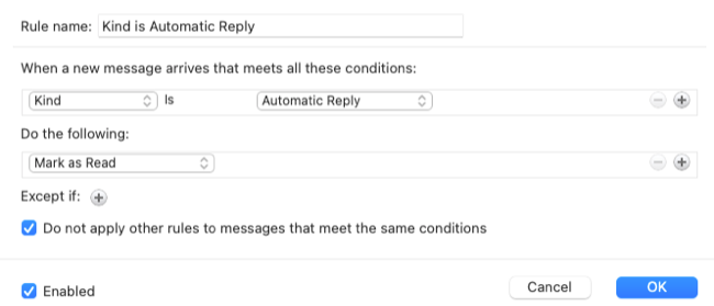 Tela de configuração final para uma regra de resposta automática no Outlook