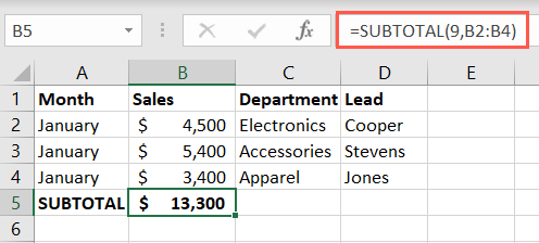 Fórmula básica de subtotal no Excel