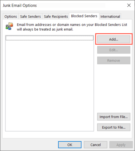 Adicionar botão na lista de remetentes bloqueados no Outlook