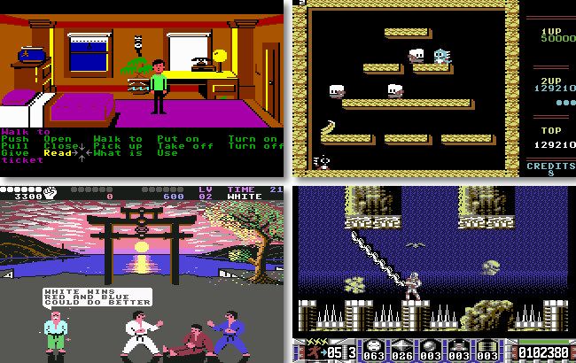 Quatro capturas de tela do jogo Commodore 64: Zak McKracken, Bubble Bobble, IK+ e Turrican