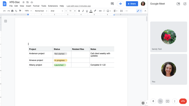 Google Meet na barra lateral do Google Docs