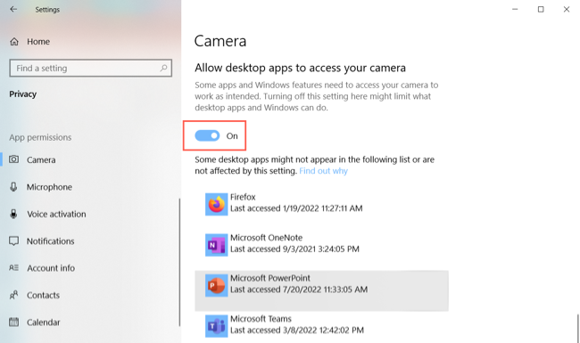 Configurações de acesso à câmera no Windows