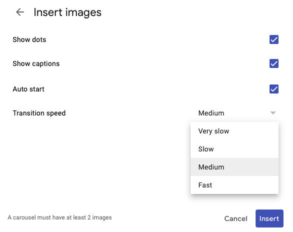 Configurações do carrossel de imagens