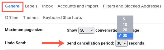 Tempo de cancelamento para Desfazer no Gmail