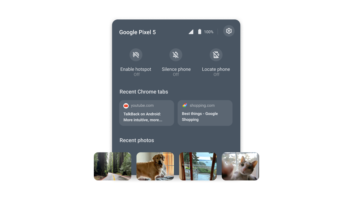 Captura de tela do Chrome OS Phone Hub com fotos recentes