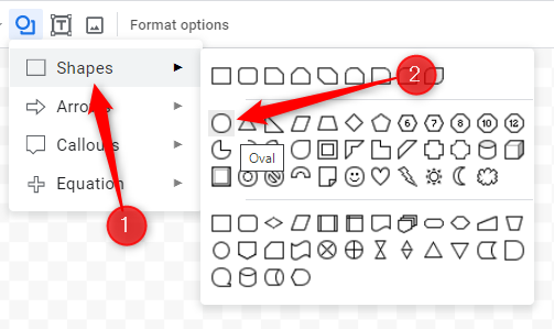 Clique em Formas e selecione Oval.
