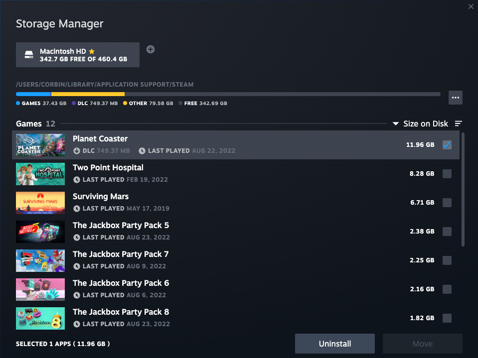 Captura de tela do Steam Storage Manager com vários jogos listados