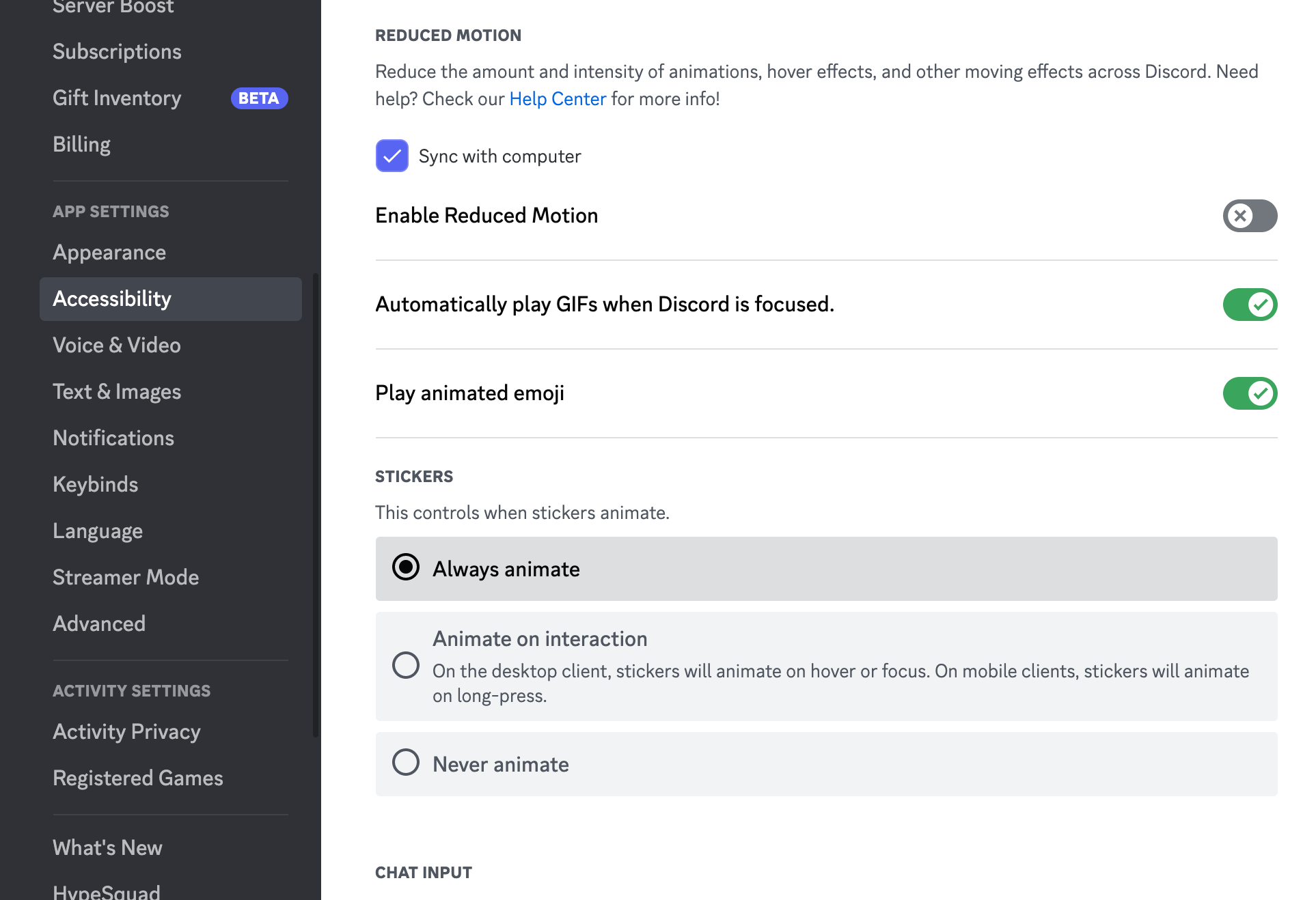 Janela de configurações de acessibilidade do Discord