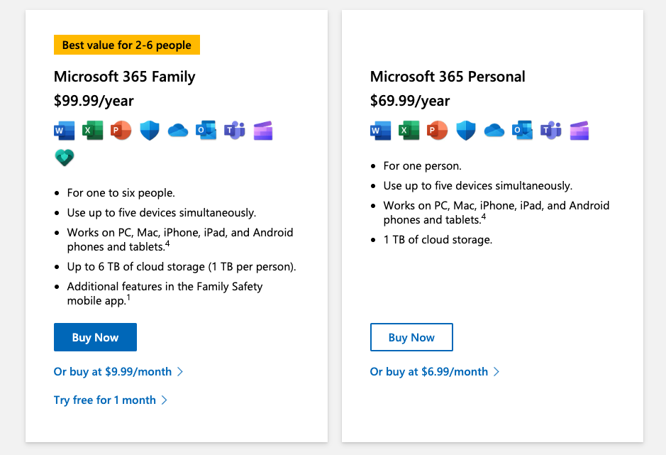 Captura de tela de preços do Microsoft 365