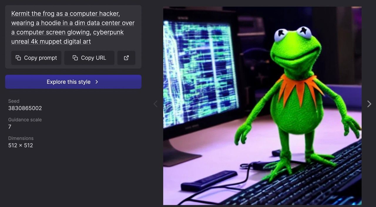 Caco, o sapo, como um hacker de computador, vestindo um moletom com capuz em um data center escuro sobre uma tela de computador brilhante, arte digital irreal de muppet 4k do cyberpunk