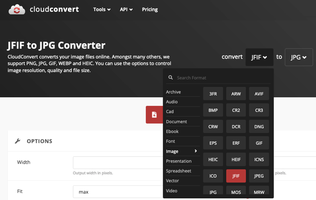 Seleção de formato de arquivo no CloudConvert