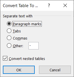 Opções de separador de tabela para texto