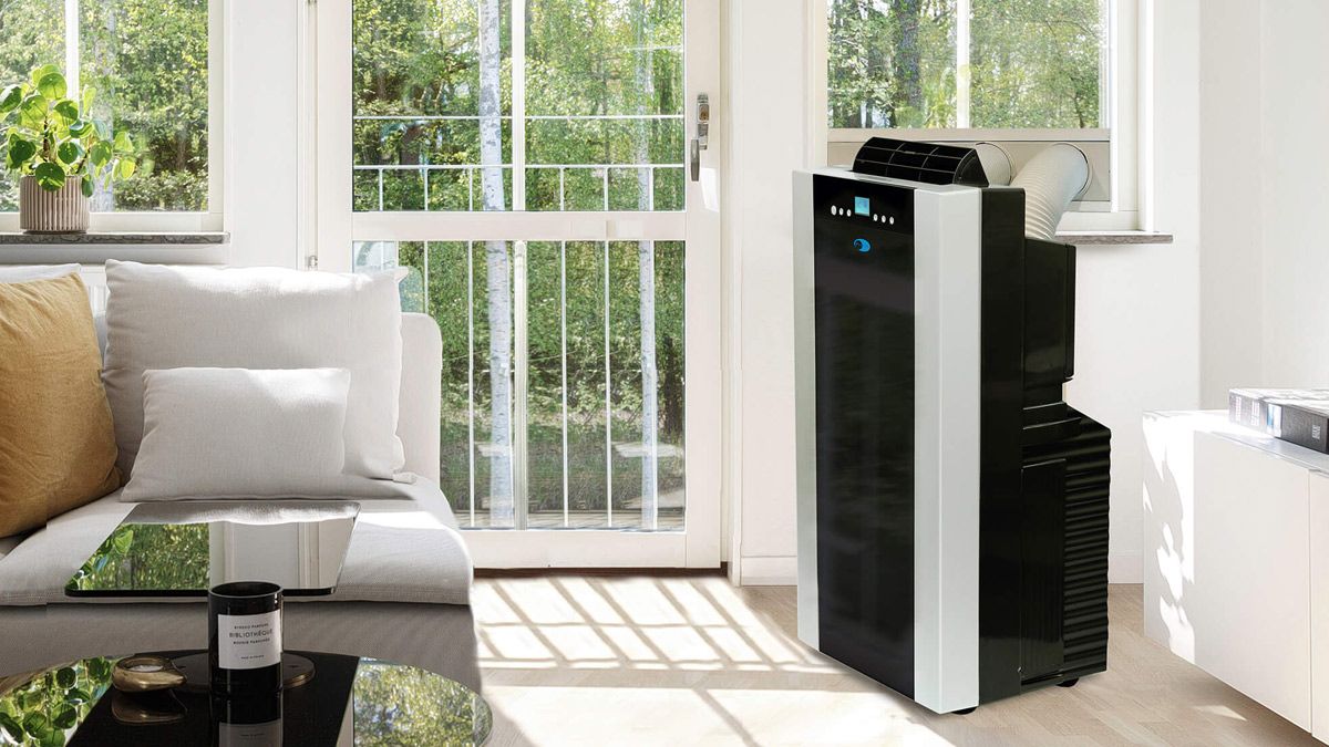 Um ar condicionado portátil tipo mangueira dupla em uma sala de estar ensolarada.