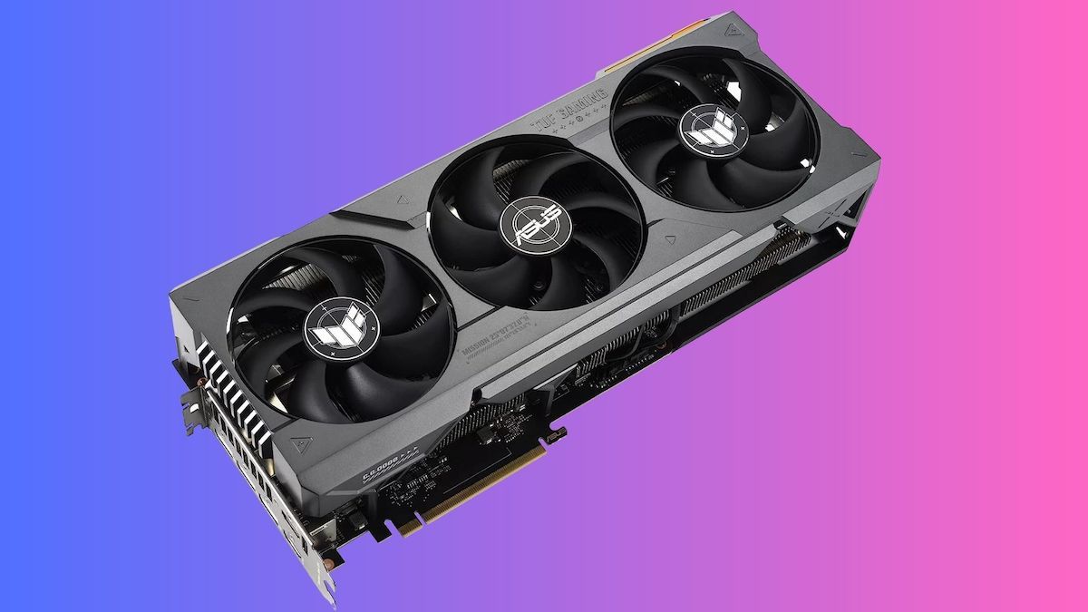 Placa gráfica ASUS TUF Gaming GeForce RTX 4080 OC Edition em um fundo rosa e roxo.