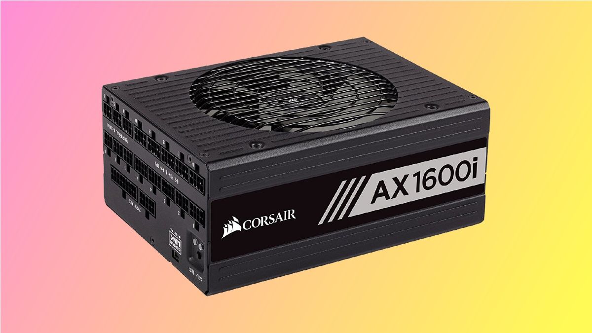 Corsair AX1600i em fundo rosa e amarelo