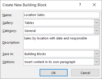 Janela Criar Novo Building Block para a tabela