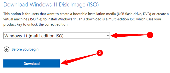 Clique no menu suspenso e selecione “Windows 11 (ISO de várias edições)” e clique em “Download”.