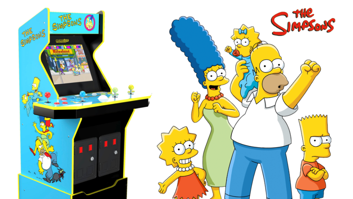 Os Simpsons ao lado de um Arcade1Up The Simpsons 30th Edition Arcade Cabinet