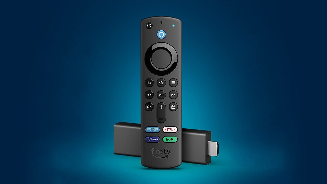 Amazon Fire TV Stick 4K com Alexa Voice Remote em fundo azul